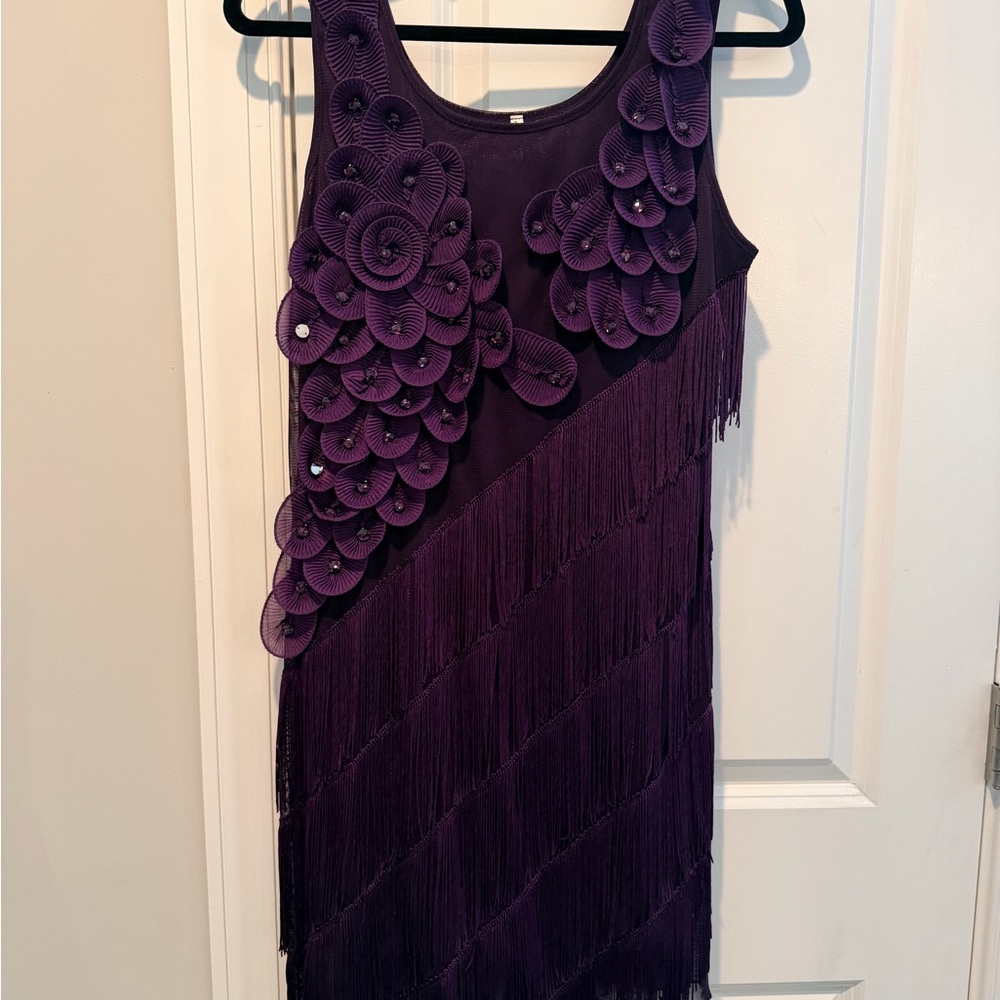 Purple Fringe Midi Dress with Floral Appliqué